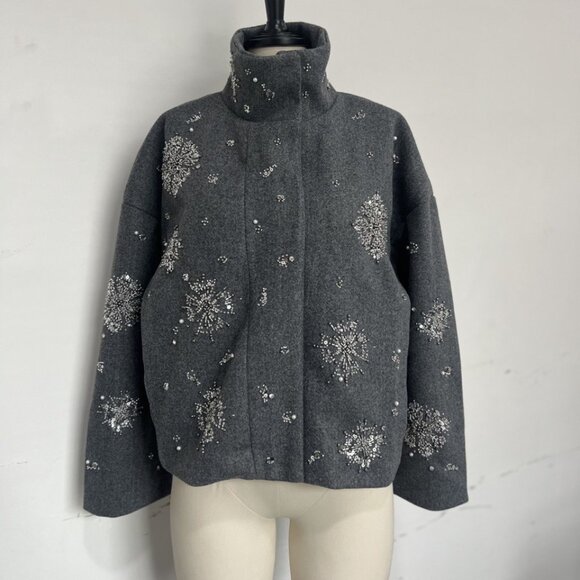 Gray Beaded & Sequin Cropped Jacket - Stand Collar & Sparkle Coat! - Picture 3 of 3